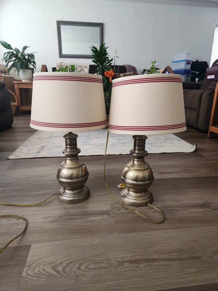 2 Brass 24" Table Lamps With Cream, Burgundy Shades