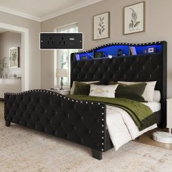 *Brand New* Queen Size Platform Bed - 50" Wingback Headboard, LED Lights & Charging Station, Black