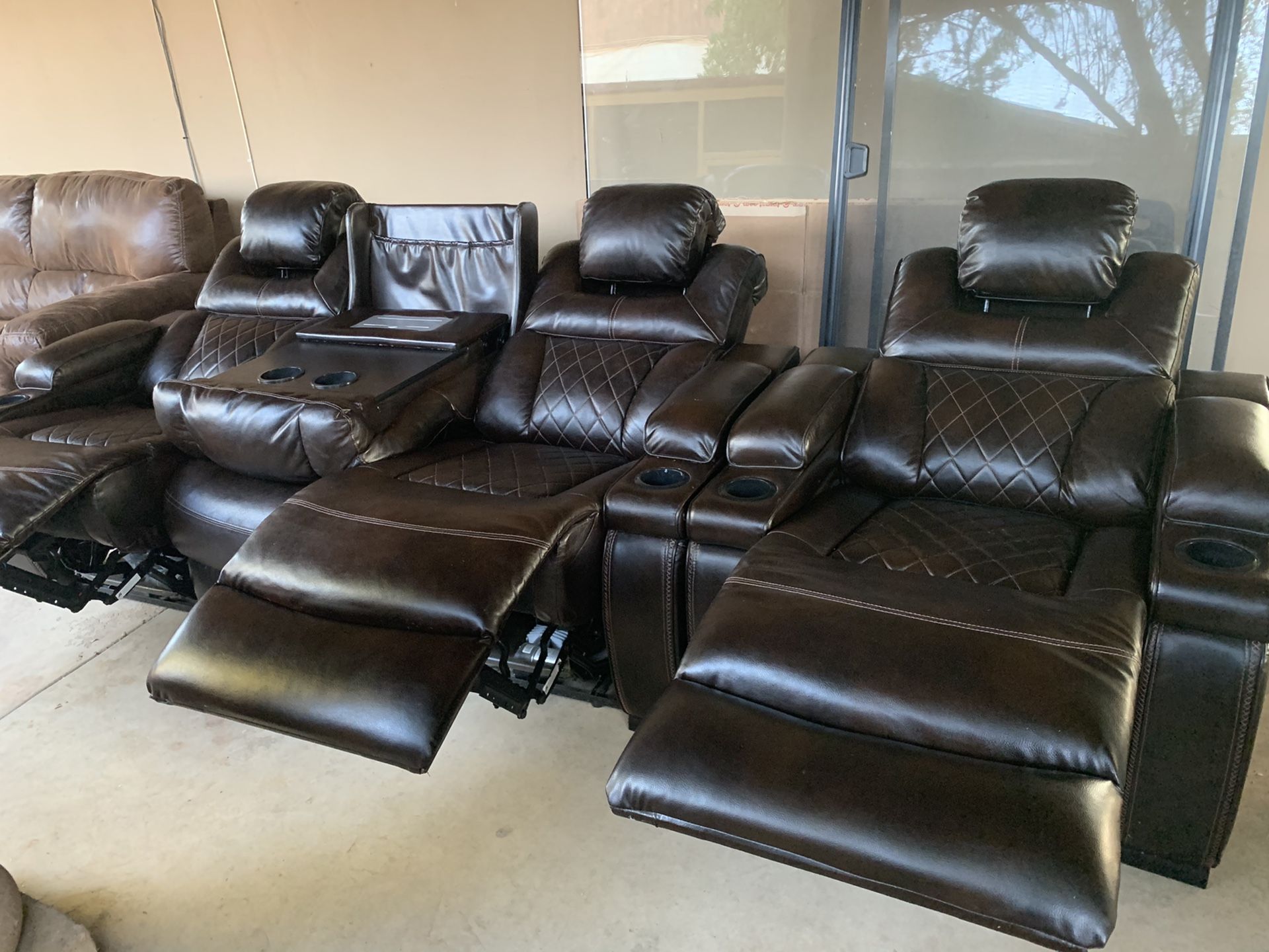 Brown leather electric recliner set