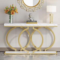 55" Console Table, Narrow Entryway Sofa Table with Geometric Metal Frame