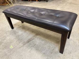ASHLEY FURNITURE Black Tufted Leather Bench with Espresso Finished Base