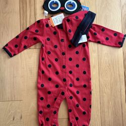 Halloween - New - Vintage - Lady Bug  - One-Piece with Cap - Baby Size 6 Months - Includes Lady Bug Mask