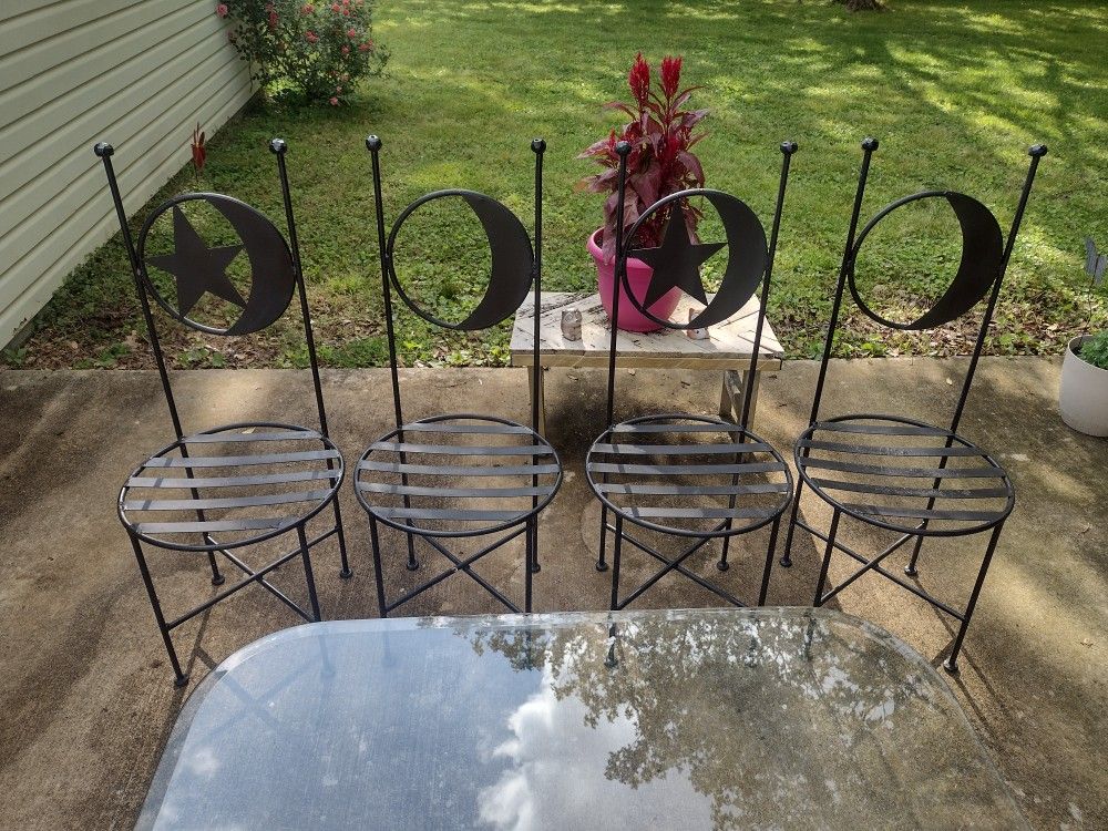 Antique French Wrought Iron Forged Outdoor Chairs With Wrought Iron Glass Table Top