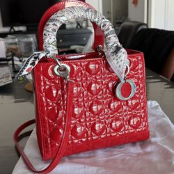 Small Lady Dior My ABCDior Bag; Cherry Red Patent Cannage Calfskin