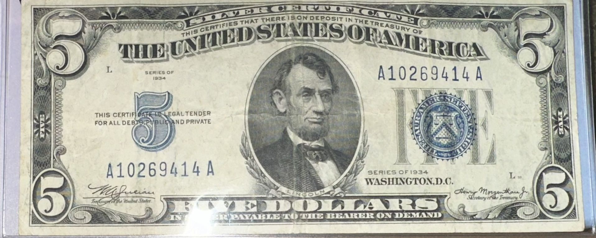 1934 $5 Bill Silver Certificate Good Condition Blue Seal Certified 