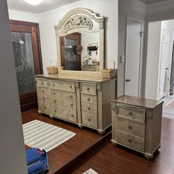 Ashley Dresser Mirror and Night Stand, Light Beige