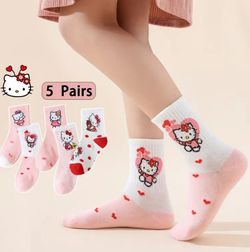5 Pairs Hello Kitty Crew Socks for Kids, Size XL 9-12Y - Birthday  / Graduation Gift 🎀✨️🧦