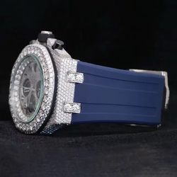 Half Iced Out Blue Band Moissanite Diamond Luxurious Chronograph  Watch 
