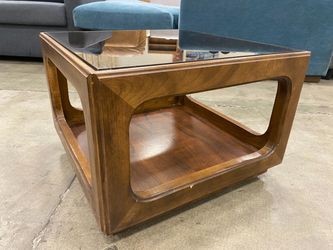 Vintage Mid-Century Modern Square End Table with Smoked Glass and Wheels