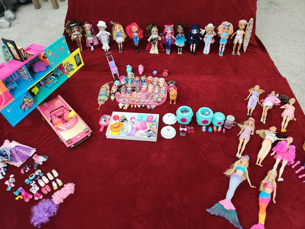 LOL Surprise OMG  and Barbie Dolls, With car And Store House