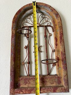 VTG Framed Rustic Wood Window & Iron Planter Holder with 2 rings Home Decor