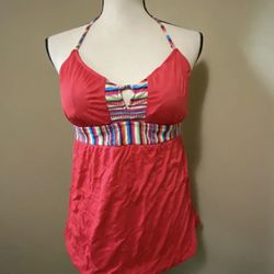 Mossimo Tankini Swimsuit Halter Top Womens Size M Red w/ Rainbow Stripe Trim