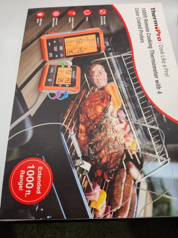 ThermoPro 1000Ft Remote Cooking Thermometer with 4 Color Coated Probes New Open