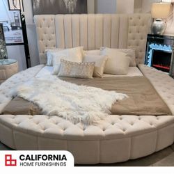 Modern Tufted Round Queen Bed with Storage in Elegant Ivory Fabric