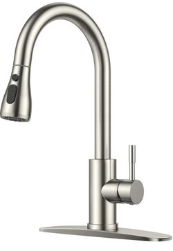 FORIOUS Kitchen Faucets with Pull Down Sprayer, High Arc, Brushed Nickel  Stainless Steel Single Handle, Classic Bar Sink Faucet with Deck Plate for 1