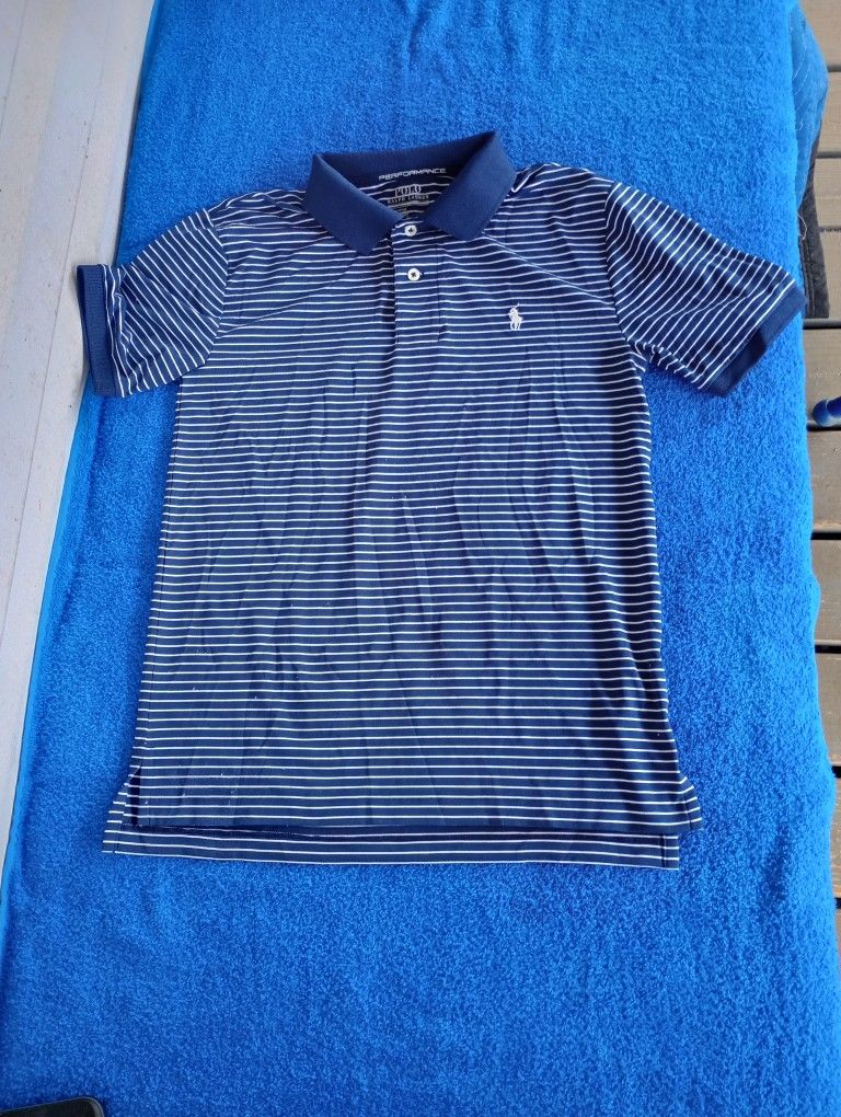 Polo Ralph Lauren Performance Boys Shirt Size M(10/12) Navy Blue with white stripes