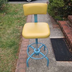 1960s Vintage Adjusto Equipment Company Drafting Chair Stool Vinyl Cushion Back Rest Swivel Adjustable W/ Foot Ring Metal Mid-Century Modern MCM 1970s