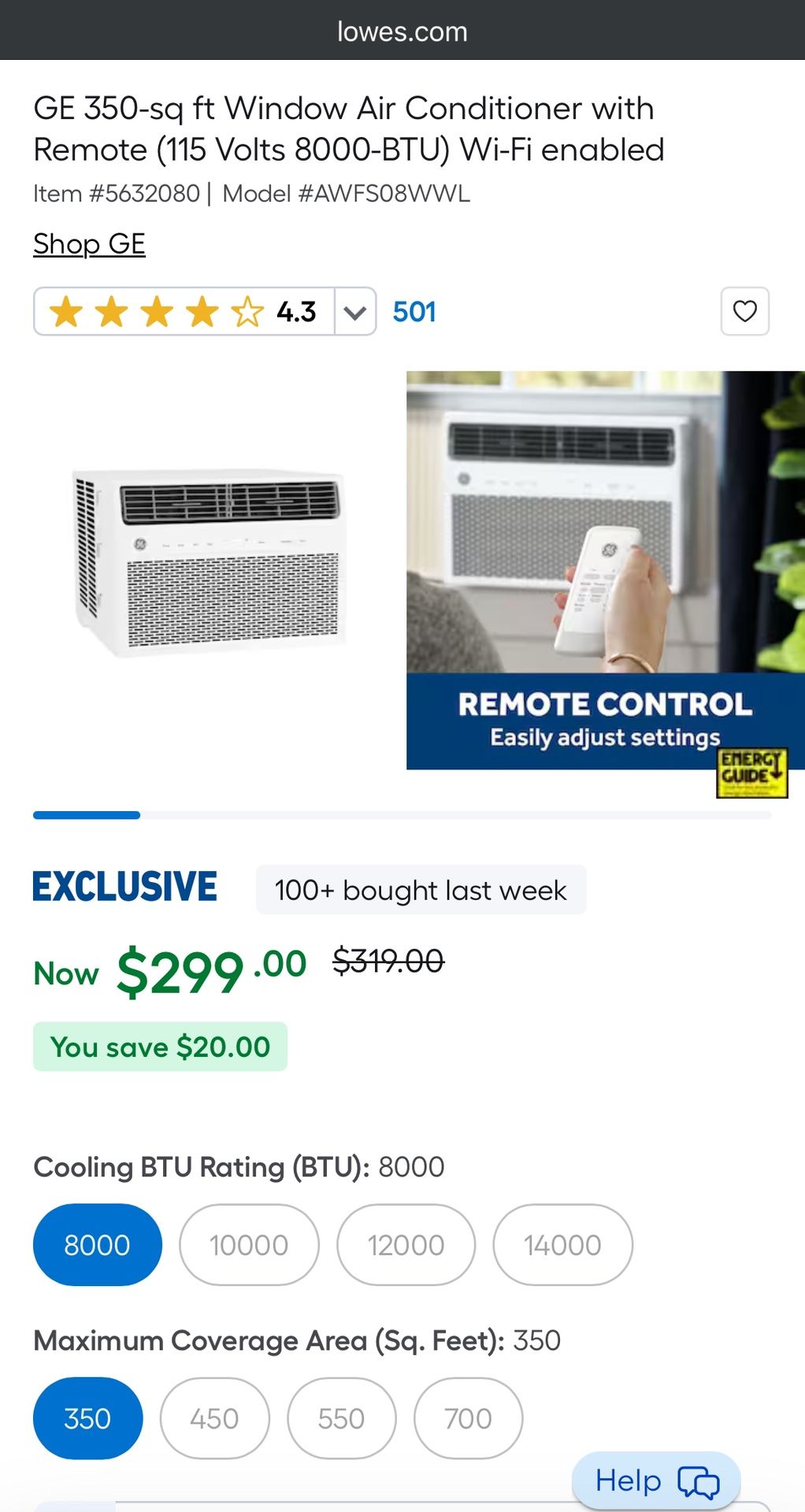 GE 8000 BTU Window AC w/remote NEW