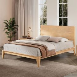 Mid-Century Modern Natural Wood Full Sized Bamboo Platform Bed Frame (Wood Slats) / Headboard [NEW]  <Assembly Req> 