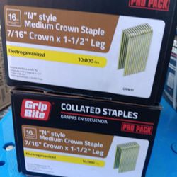 New 1-1/2 in. x 16-Gauge Electrogalvanized N-Style Medium Crown Staples 10000 per Box. $50 each box.