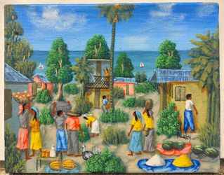 Original Haitian Folk Art Oil Painting – Village Market Scene – Signed Alaby – 8x10”