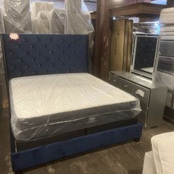 New Royal Blue King Bed Dresser Mirror Brooklyn Bedding Mattress & Box Spring All For $1500.  Less Than Price Of The Mattress Alone. Delivery Availabl