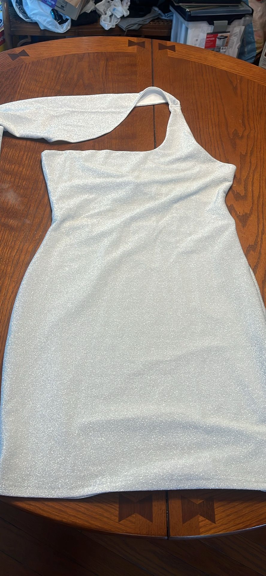 Off Shoulder One Sleeve Silver Party Dress