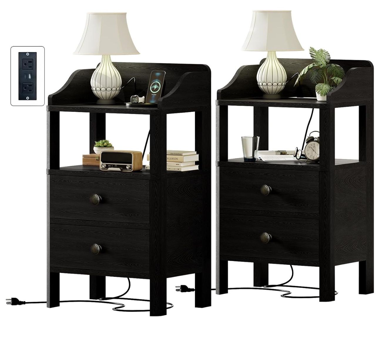 Nightstand 15.75-inch Compact Night Stand White with USB and Type-c Ports 2 Drawers and Open Shelves Small Bedside Tables