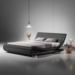 Queen Size Bed Frame, Low Profile Sleigh Leather Platform Bed with Faux Leather Ergonomics Headboard