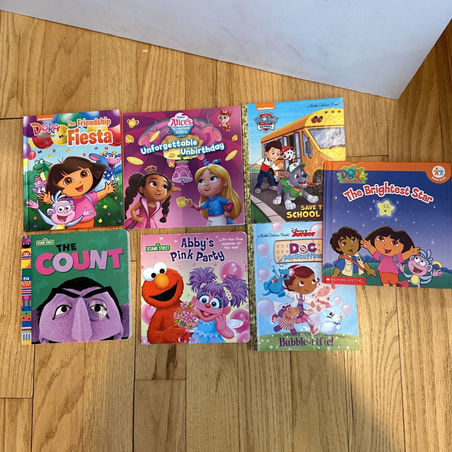 Kids Books -$2 Each. Paw Patrol. Dora The Explorer. Doc Mcstuffins. Alice’s Wonderland Bakery. Sesame Street.