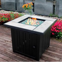 30" Propane Fire Pit with Real Ceramic Tabletop, 50000 BTU Gas Fire Pit Table with Lid & Glass Rock, Outdoor Fire Pit for Dining or Party, Firepit for