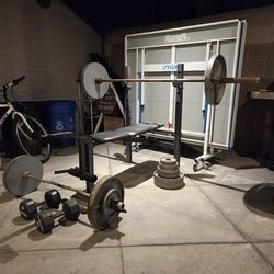 Bench, weights, bars, dumbells