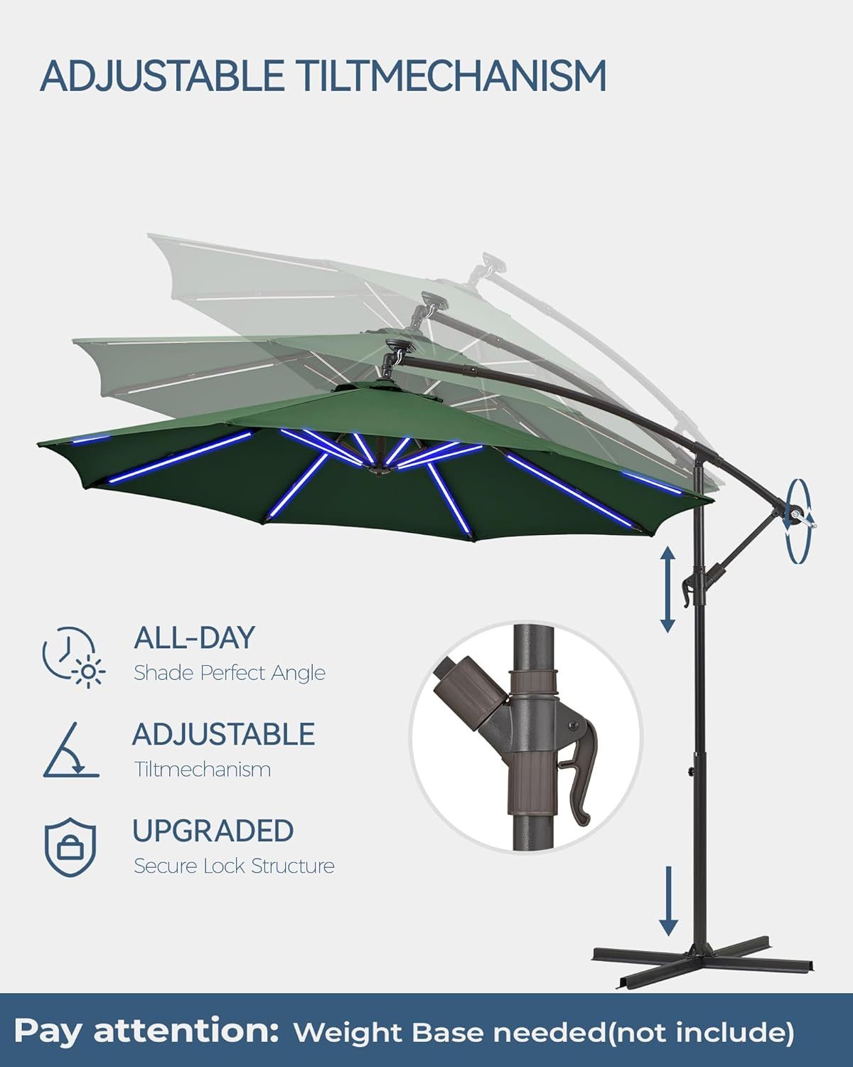 10ft Offset Patio Umbrella, Large Cantilever Umbrella Outdoor Patio with Solar Lights, Dual Charging