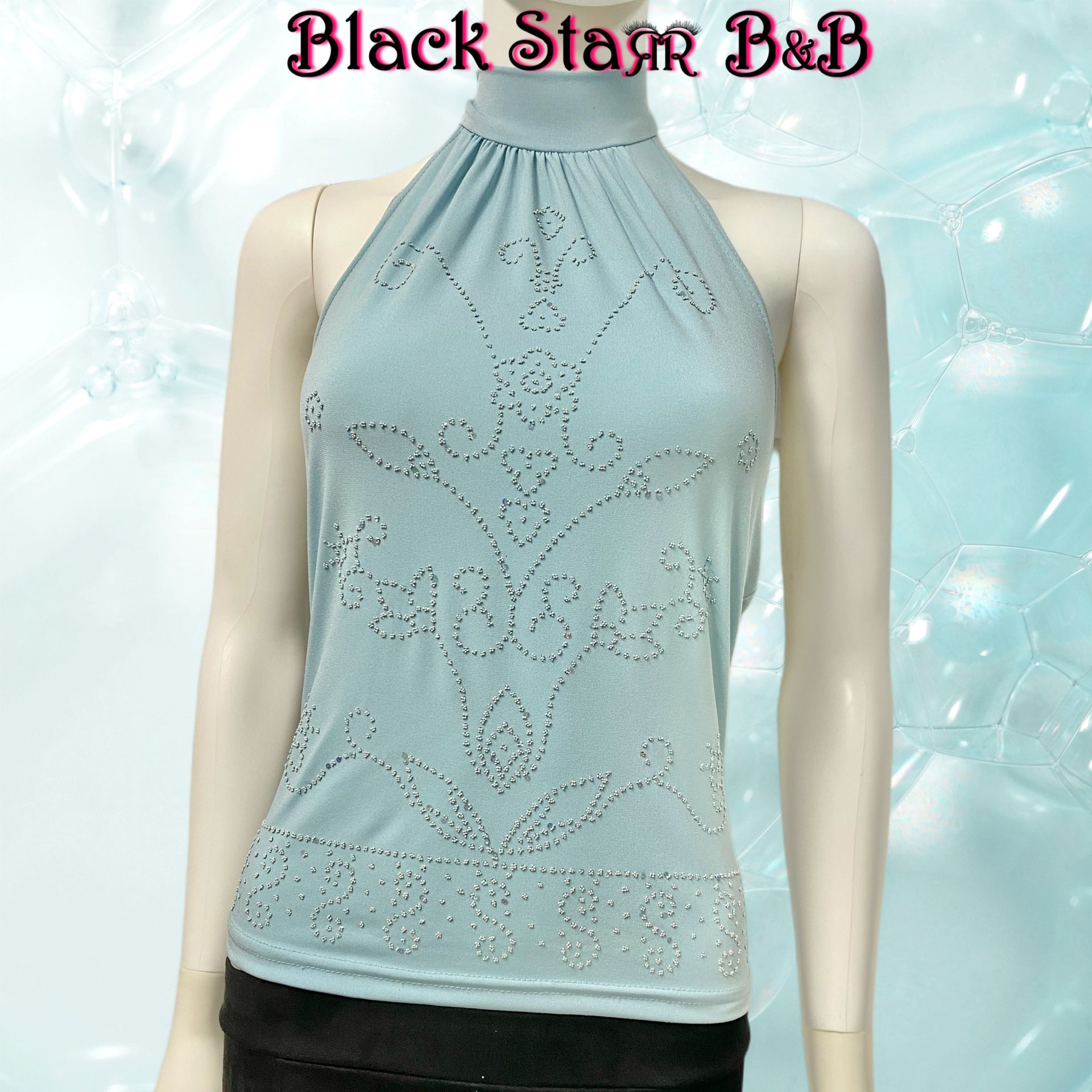 Sleeveless light aqua sequence embroidered bead halter top. Sz Med