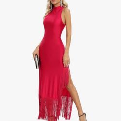 Aigeman Women's Vintage gatsby Style Fringe Dress Tassel Hem High Slit formal Dress