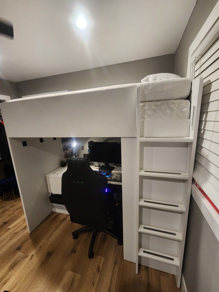 White Loft Bed With Twin XL Memory Foam Mattress