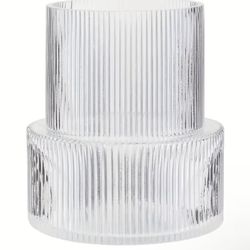 Ribbed Glass Decorative Vase, 2-Tier Cylindrical Design, Clear Crystal