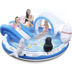 Inflatable Play Center, EVAJOY Kiddie Pool with Slide for Children, Sprinkler, Ice & Snow Theme with Inflatable Dolls, Easy Setup for Garden, Backyard