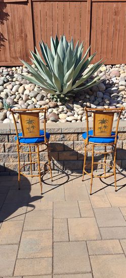 **FUNKY** unique Set 2 palm tree bar stools 360' swivel reupholstered with Sunbrella Pacific Blue indoor/outdoor