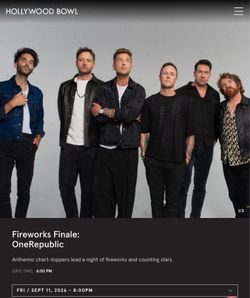OneRepublic Fireworks Season Finale Hollywood Bowl Friday, September 11 - 2 tickets