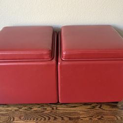 Crate & Barrel Stow Red 17" Leather Storage Ottoman, set/2  
