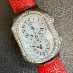 philip stein signature watch MOP dial diamond bezel red wicker strap