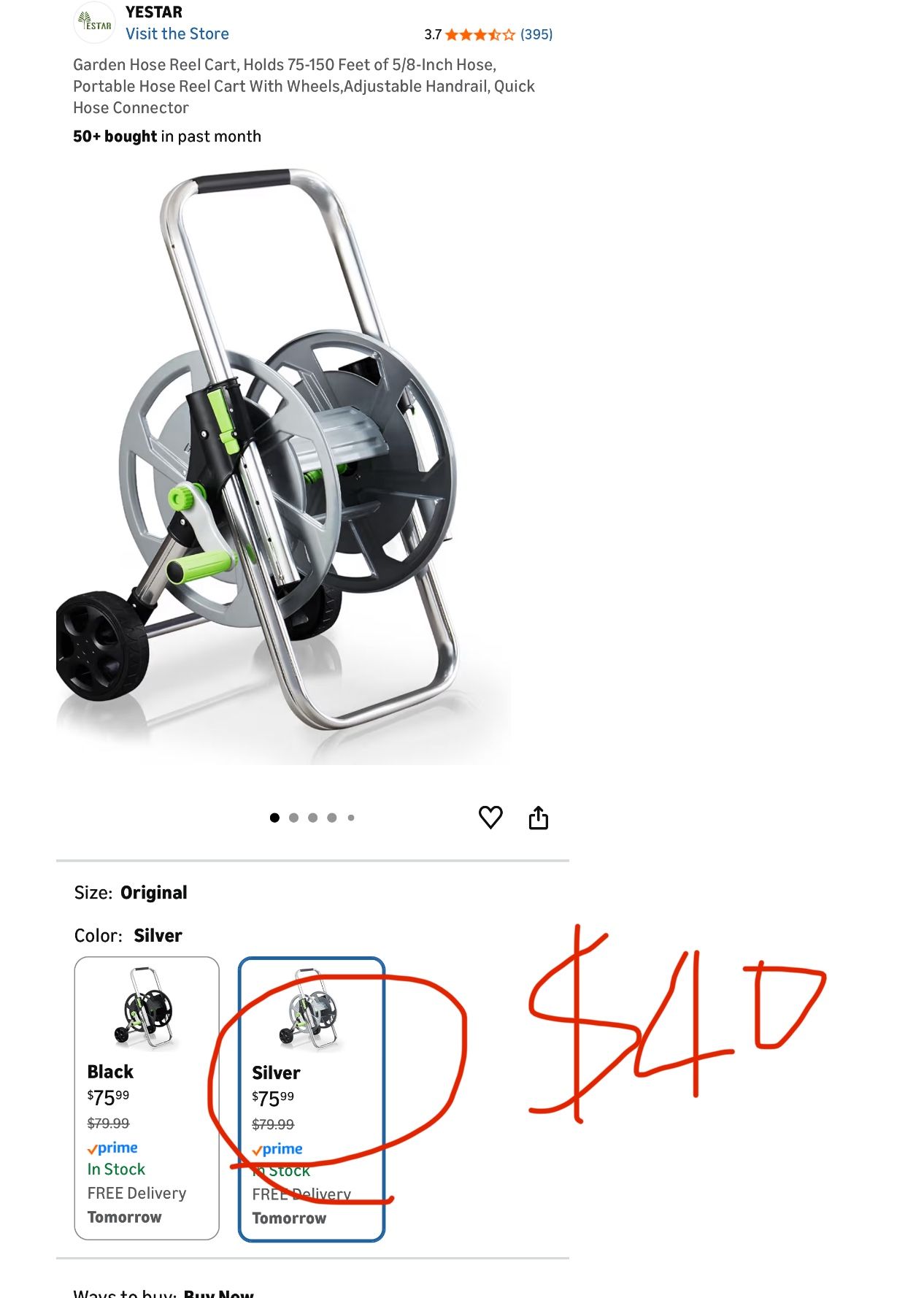 Garden Hose Reel Cart, Holds 75-150 Feet of 5/8-Inch Hose, Portable Hose Reel Cart With Wheels,Adjustable Handrail, Quick Hose Connector