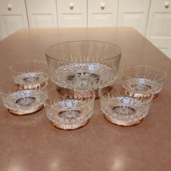 Vintage Arcoroc France Starburst Glass Bowl Set Copper Base 6 Piece Set