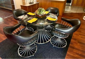 Vintage 1970s Mid-Century Modern Dining Set | Glass Top Table + 4 Chairs