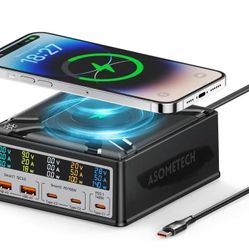  USB Charging Station,ASOMETECH 260W 5Ports Fast Charging Hub,140W PD3.1 USB C GaN Charger with LCD Display,Wireless Charger,Desktop Laptop Adapter fo