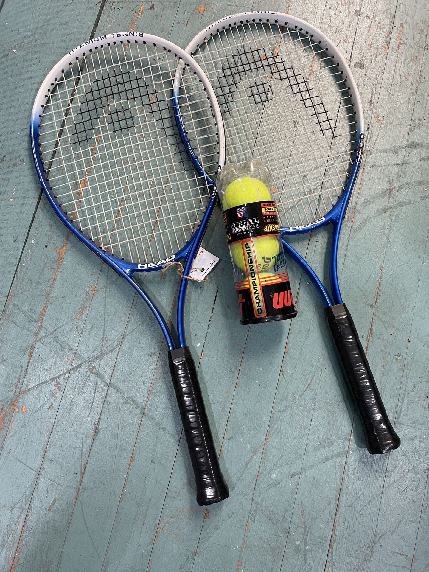 Two Head Tennis Rackets, Blue And One Balls 