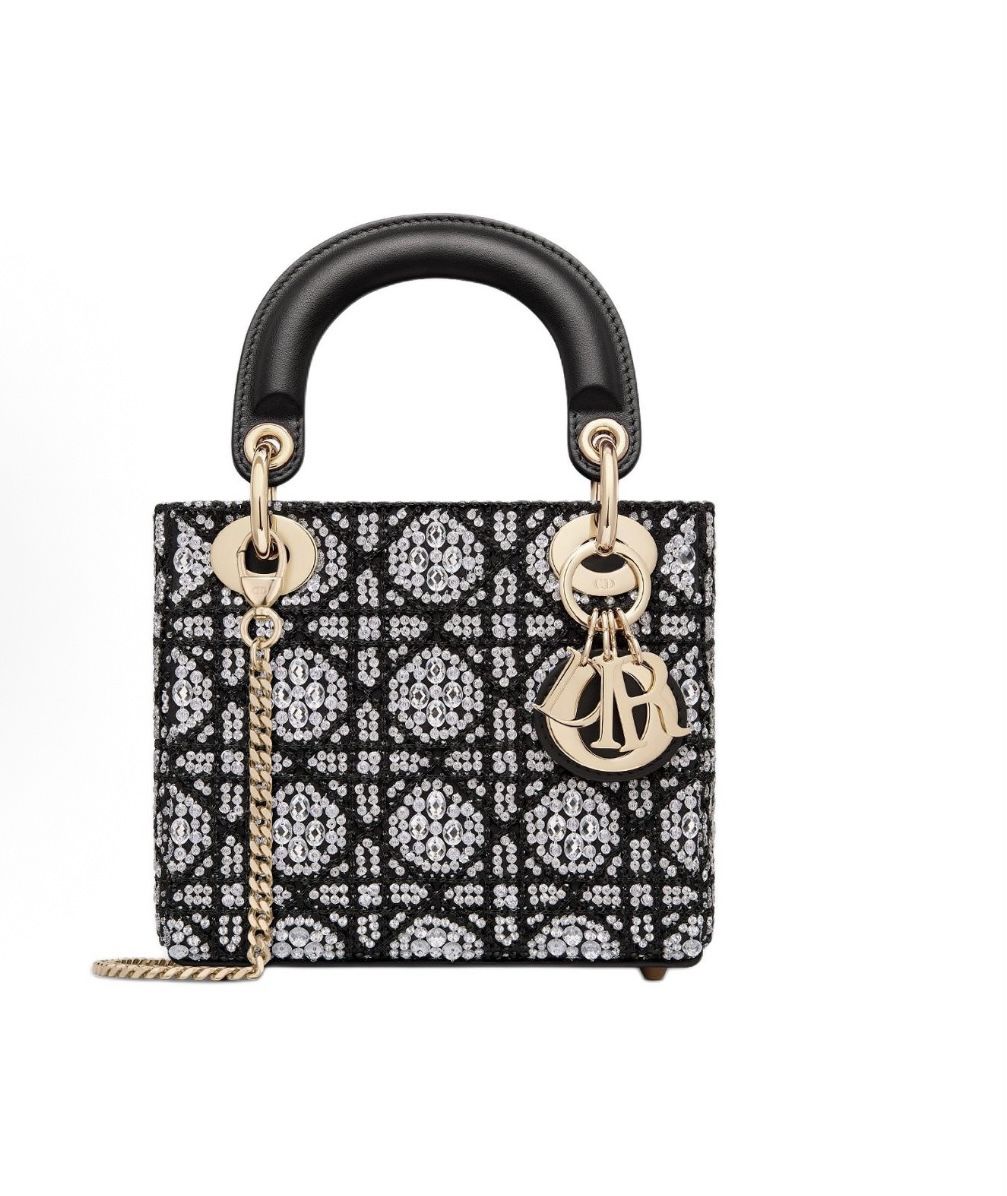 Dior Lady Dior brand logo rattan plaid embroidery beaded silver rhinestone cotton one-shoulder handbag mini women's black (47)68