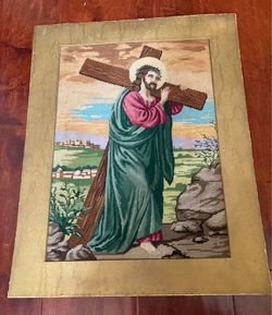 Vintage Needlepoint Tapestry Jesus Carrying the Cross 16x20 Religious Art