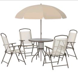 Outsunny 6 Piece Patio Dining Set for 4 with Umbrella, Outdoor Table and Chairs with 4 Folding Dining Chairs & Round Glass Table for Garden, Backyard 